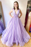 LTP0953,Light purple v neck tulle long prom dress lilac evening HZ0307