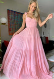 LTP1208,Sweet Pink A-Line Prom Evening Dresses,Chiffon Pink Prom HZ0307