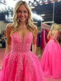 A-Line Beaded Appliques Pink Prom Dress, V-Neck Party HZ0307
