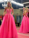 A-Line Beaded Appliques Pink Prom Dress, V-Neck Party HZ0307