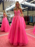 A-Line Beaded Appliques Pink Prom Dress, V-Neck Party HZ0307