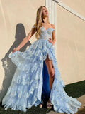 LTP1715,Cute A Line Off the Shoulder Light Blue Sequins Lace Long Prom Dresses with HZ0307