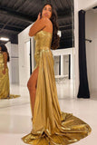 One Shoulder Gold Slit Evening Prom HZ0307