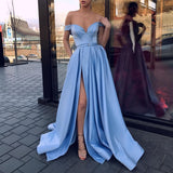 LTP1623,Sky Blue Off The Shoulder Satin Long Prom Evening HZ0307