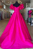 Flower Sleeves A-Line Hot Pink Evening Party Dress, Blue Long Satin Prom Dress HZ0307
