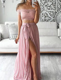 LTP1337,Two Pieces Pink Chiffon Lace Prom Evening Dresses Long Split Formal HZ0307