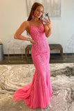 LTP1377,Hot Pink Lace Mermaid Applique Long Prom Evening Dresses With Cross HZ0307