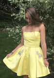 LTP1428,Strapless Pastel Yellow Beaded A-Line Homecoming HZ0307