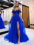 Royal Blue Off The Shoulder A-Line Beaded Appliques Evening Party Dress, Tulle Long Prom HZ0307
