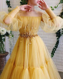 Yellow tulle lace long prom dress party HZ0307
