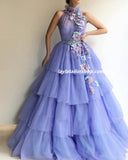 LTP0918,Princess halter ruffles tulle prom dress,purple beaded applique evening formal HZ0307