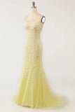 Pastel Yellow Mermaid Lace Evening Prom HZ0307