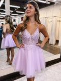 Lilac Spaghetti Straps V-Neck Homecoming HZ0307
