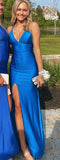Simple Blue Mermaid Satin Prom Dresses Slit Senior Formal HZ0307