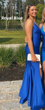 Simple Blue Mermaid Satin Prom Dresses Slit Senior Formal HZ0307