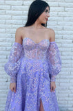 LTP1576,Sparkle Princess Lavender Bustier Puffy Sleeves Lace Long Prom HZ0307