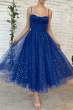 LTP1386,Spaghetti Straps Sweetheart Tea Length Blue Prom Dresses With HZ0307
