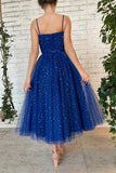 LTP1386,Spaghetti Straps Sweetheart Tea Length Blue Prom Dresses With HZ0307