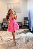 Pink V-Neck Sequins Short Prom Dresses, Spaghetti Straps A-Line Party HZ0307