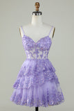 Women Sequins Purple Short Homecoming Dress A-Line Sparkly Spaghetti Straps Cocktail HZ0307