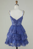 Women Sequins Purple Short Homecoming Dress A-Line Sparkly Spaghetti Straps Cocktail HZ0307