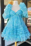 Puff Sleeves A-Line Floral Print Ruffles Homecoming HZ0307