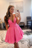 Pink V-Neck Sequins Short Prom Dresses, Spaghetti Straps A-Line Party HZ0307