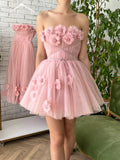 Pink Strapless Flowers 3D Tulle Homecoming HZ0307