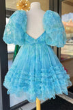 Puff Sleeves A-Line Floral Print Ruffles Homecoming HZ0307
