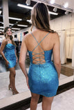 Straps Cowl Neck Light Blue Sequins Bodycon Homecoming HZ0307