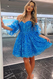 Blue Bubble Sleeves A-Line Homecoming HZ0307