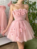 Pink Strapless Flowers 3D Tulle Homecoming HZ0307