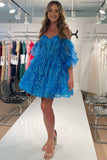 Blue Bubble Sleeves A-Line Homecoming HZ0307