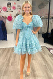 Puff Sleeves A-Line Floral Print Ruffles Homecoming HZ0307