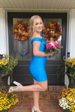Off The Shoulder Blue Bodycon Satin Homecoming HZ0307