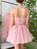 Pink Strapless Flowers 3D Tulle Homecoming HZ0307
