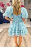 Puff Sleeves A-Line Floral Print Ruffles Homecoming HZ0307