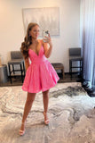 Pink V-Neck Sequins Short Prom Dresses, Spaghetti Straps A-Line Party HZ0307