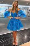 Blue Bubble Sleeves A-Line Homecoming HZ0307