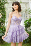 Women Sequins Purple Short Homecoming Dress A-Line Sparkly Spaghetti Straps Cocktail HZ0307