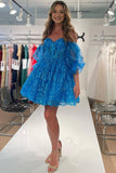 Blue Bubble Sleeves A-Line Homecoming HZ0307
