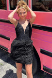 Spaghetti Straps V-Neck Applique Feather Homecoming HZ0307