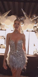 Sparkle Beaded Feather Tight Bodycon Homecoming Dresses Mini Hoco HZ0307