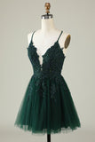 Dark Green Applique Beaded V-Neck Homecoming Dress Tulle Mini Party HZ0307