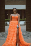 Straps Orange Tulle Corset Tiered Ruffle Long Formal HZ0307