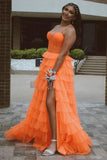 Straps Orange Tulle Corset Tiered Ruffle Long Formal HZ0307
