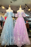 Straps Light Blue Appliques A-line Long Formal HZ0307