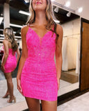 Hot pink sequined close-fitting homecoming dress detachable HZ0307