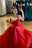 Straps Red Beaded Corset A-line Long Formal Dress with HZ0307