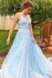 Light Blue Applique Tulle Prom HZ0307